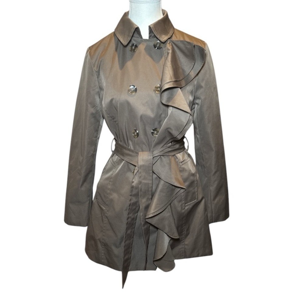 SANDRO Trench Coat Womens M Brown Taupe Rain Ruffle Belted Luxe City Girl